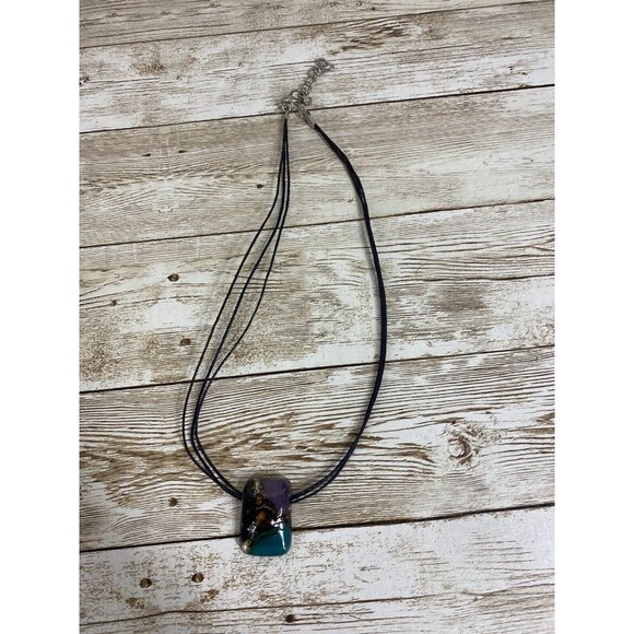 Art Glass Pendant Corded Necklace Boho Chic Choker Vtg Handmade Colors Beachy - Picture 8 of 8